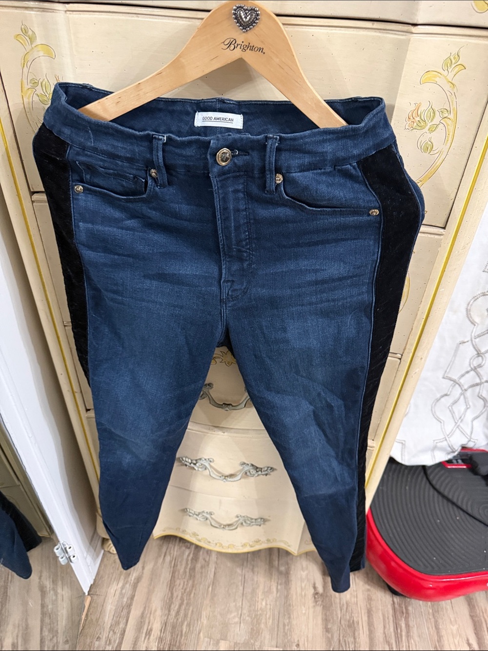Good American Dark Blue High-Rise Jeans with Black Side Panels
